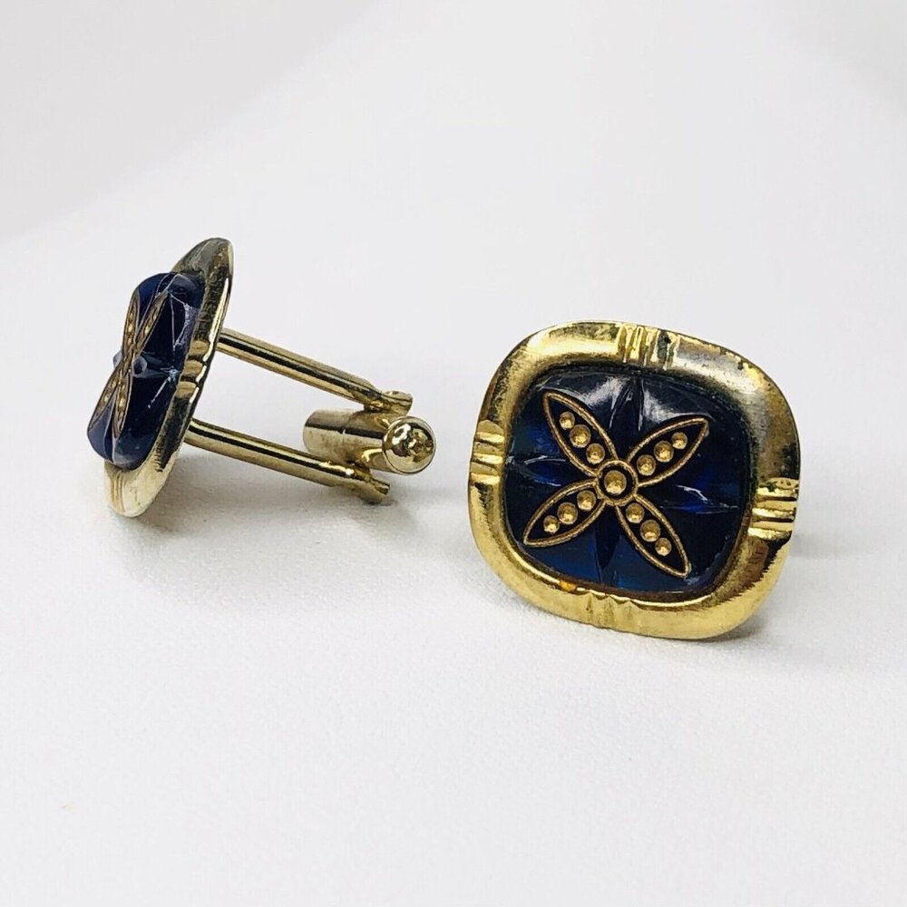 Vtg Cobalt Blue Stone Cufflinks Goldtone Jeweled Wedding Groom Gift Rectangle